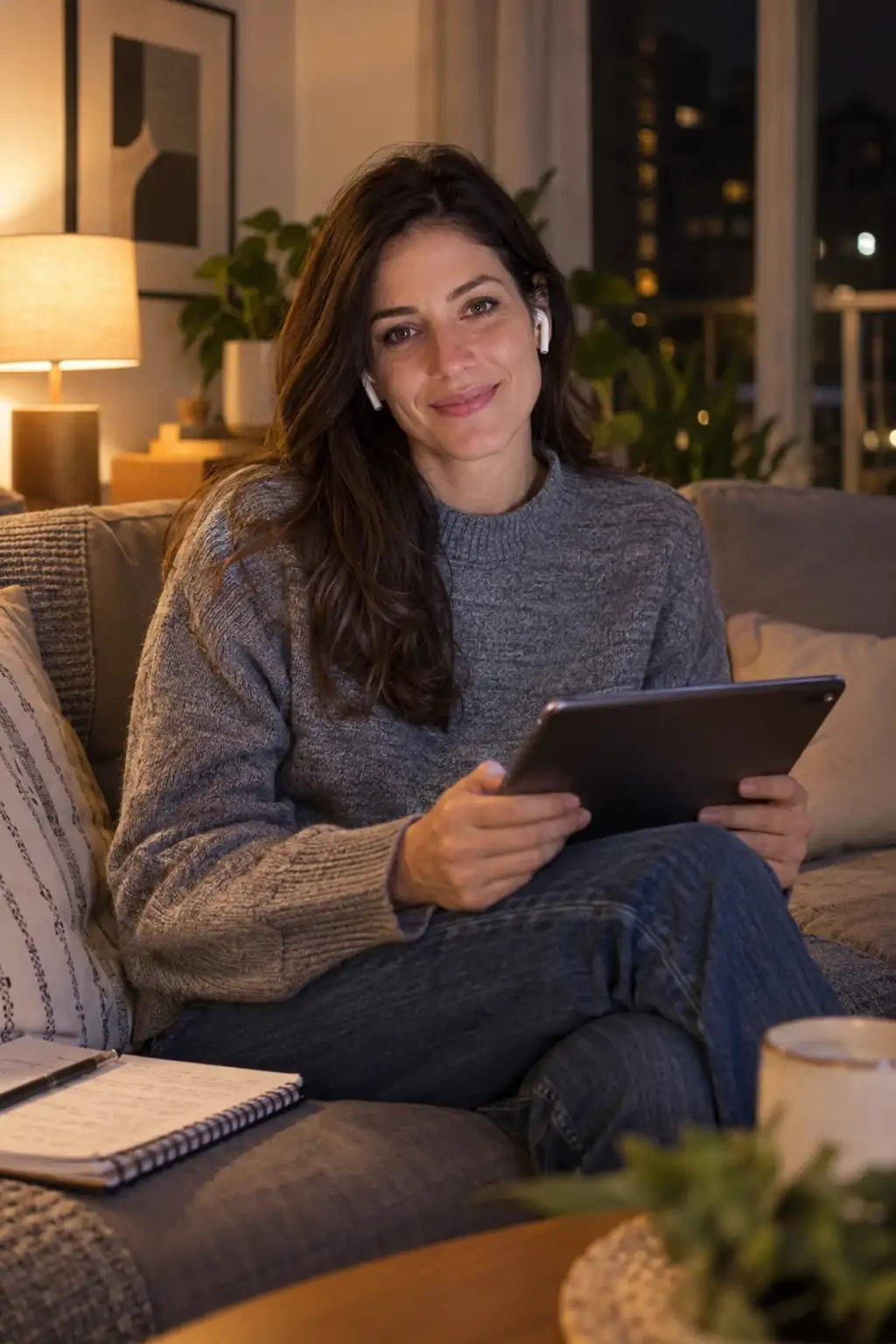 Mujer estudiando de noche con una tablet en su casa para terminar la secundaria online en BEA